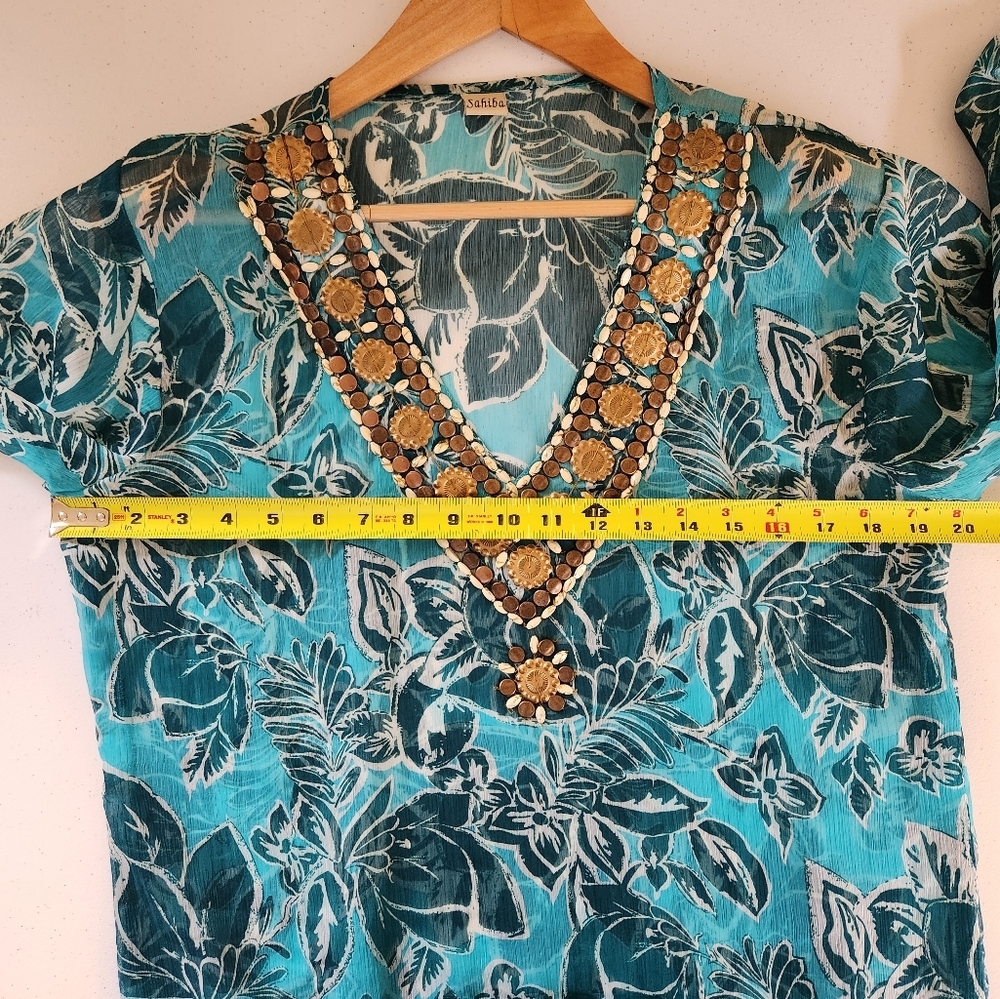 Sahiba Blue Tunic 3/4 Sleeves Swim Cover-Up Top Beaded Boho Bohemian Beach - Picture 9 of 9